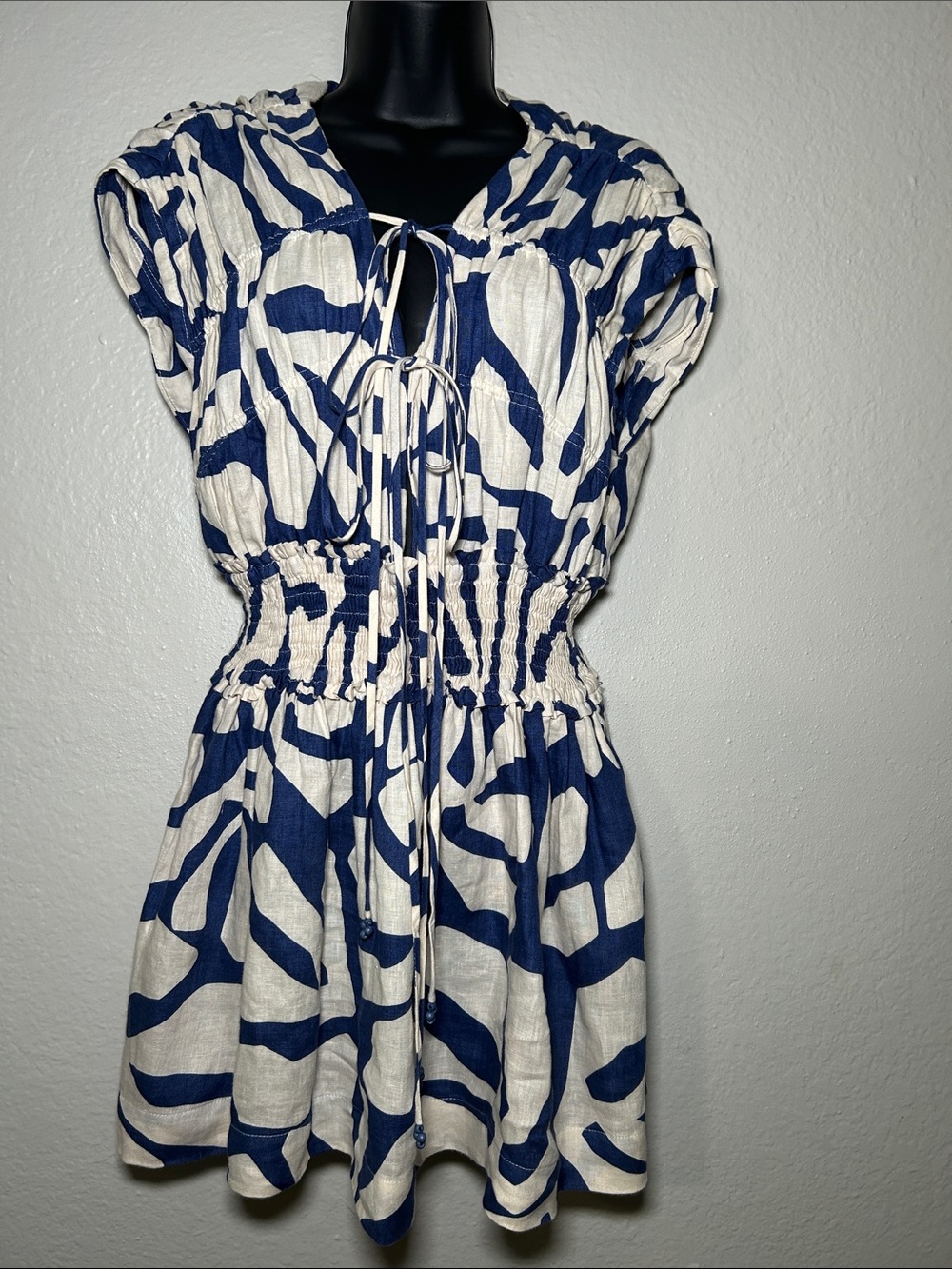 PinkFilosofy suyen Somocked Linen mini dress , Royal Blue Cream